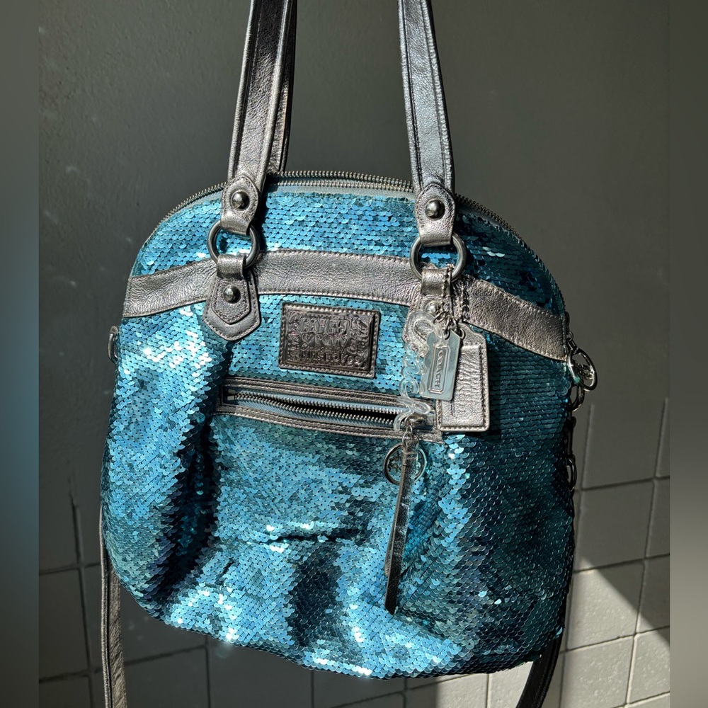 Coach Turquoise Sequin Shoulder Bag with Silver Trim